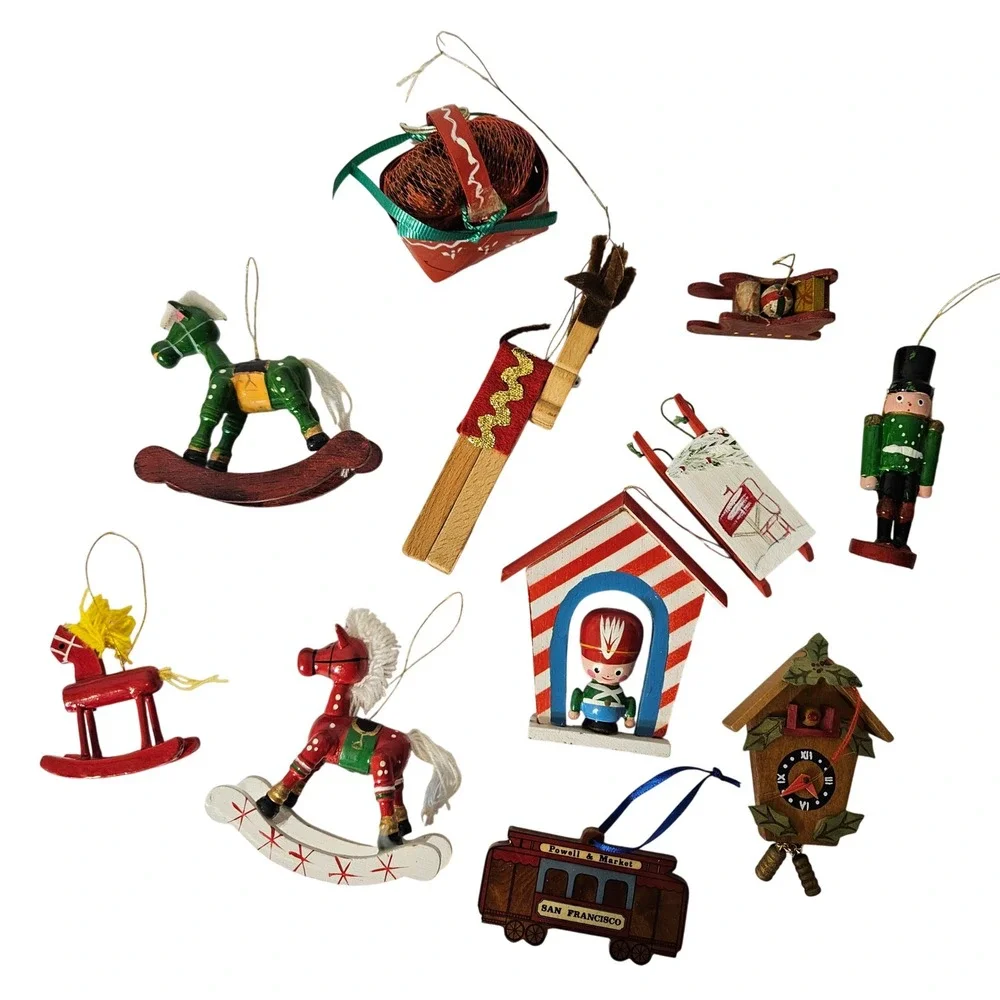 Vintage Wooden Christmas Ornaments Lot 10pc Rocking Horse Nutcracker Sled Taiwan
